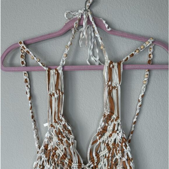 FREE PEOPLE Festival Macrame Metallic Beaded Halter Tank Top Cover Up Size Small - Picture 4 of 7
